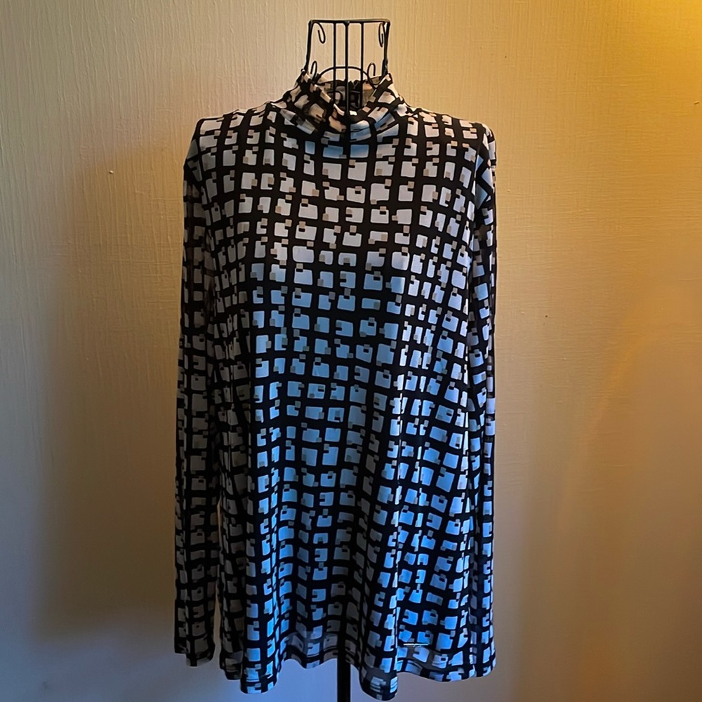 $⬇️Anne Klein Black, White, Gold Semi Sheer Lined Mock Turtleneck Tunic Top